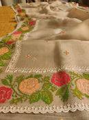 Sandal Organza Silk Saree with CrossStitch Border Scalloped Edging Embroidery Work