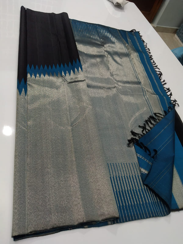 Black Blue Korvai Raising Temple Border Kanchipuram Silk Saree