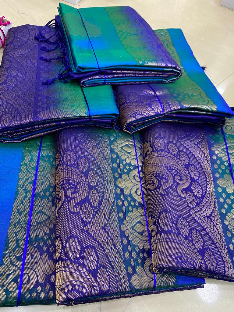 Dual Shade Peacock Blue Borderless Soft Silk Saree