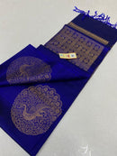 Borderless Royal Blue Soft Silk Saree with Unique Peacock Butta