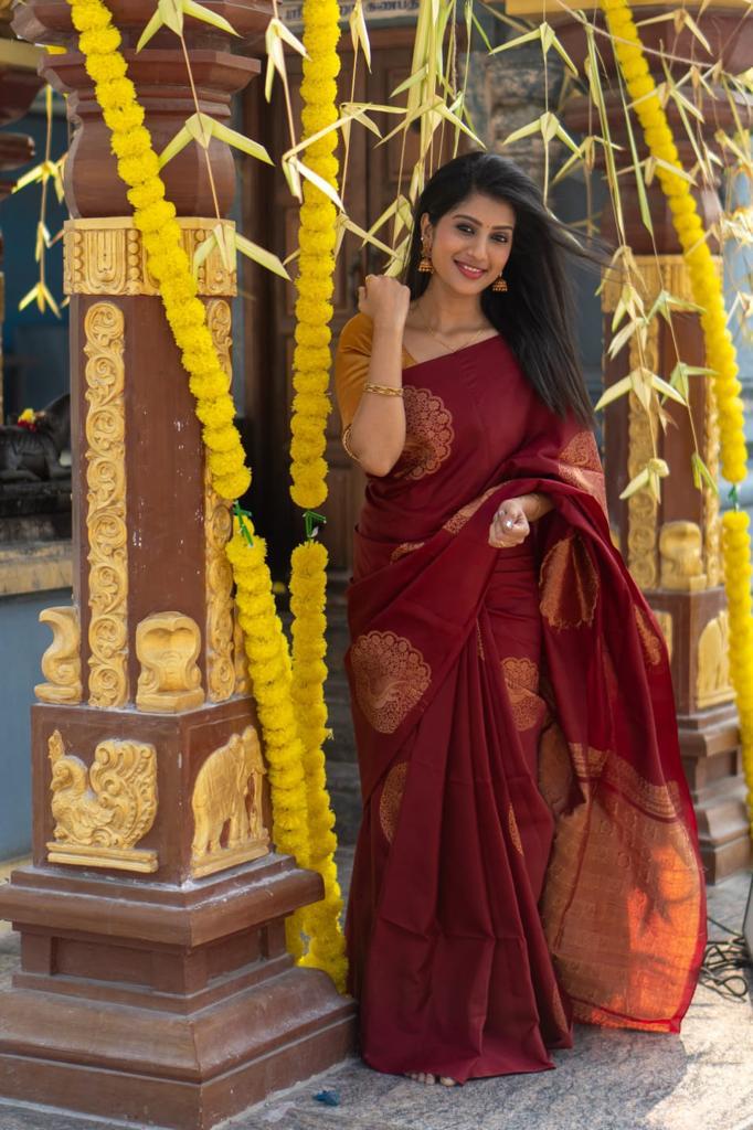 Borderless Maroon Soft Silk Saree with Unique Peacock Butta