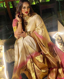 Half White Beige with Pink Korvai Raising Temple Border Kanchipuram Silk Saree