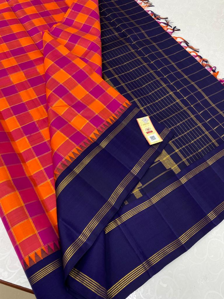 Orange Pink Checked Pattern Handloom Kanchipuram Silk Saree