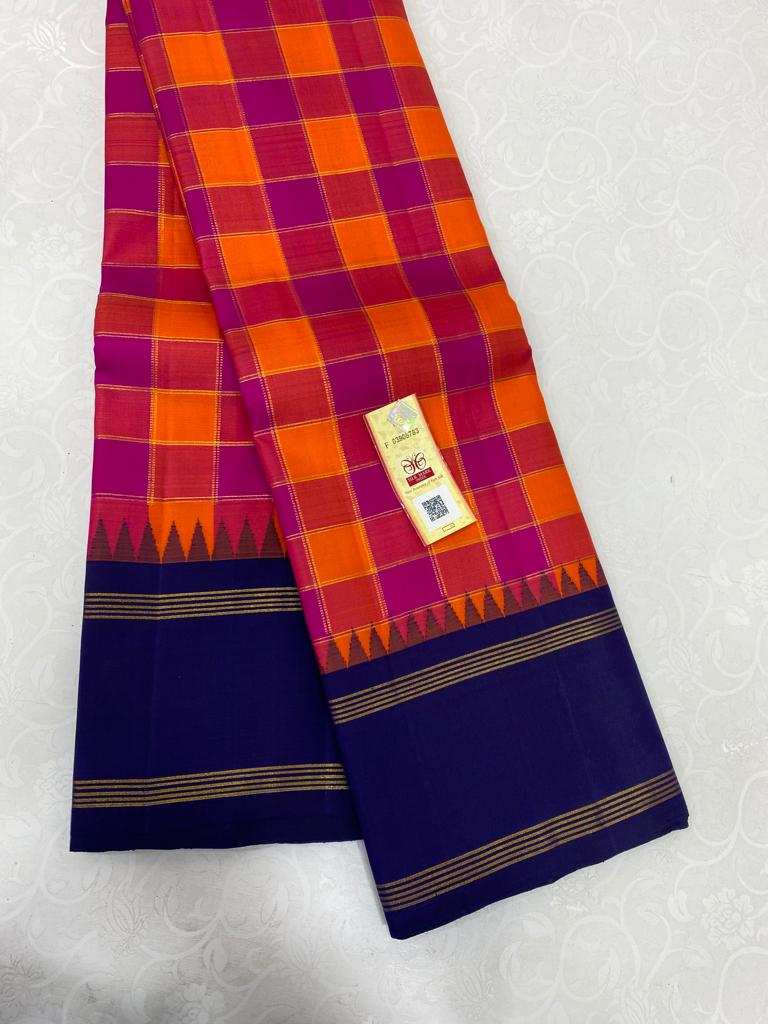 Orange Pink Checked Pattern Handloom Kanchipuram Silk Saree