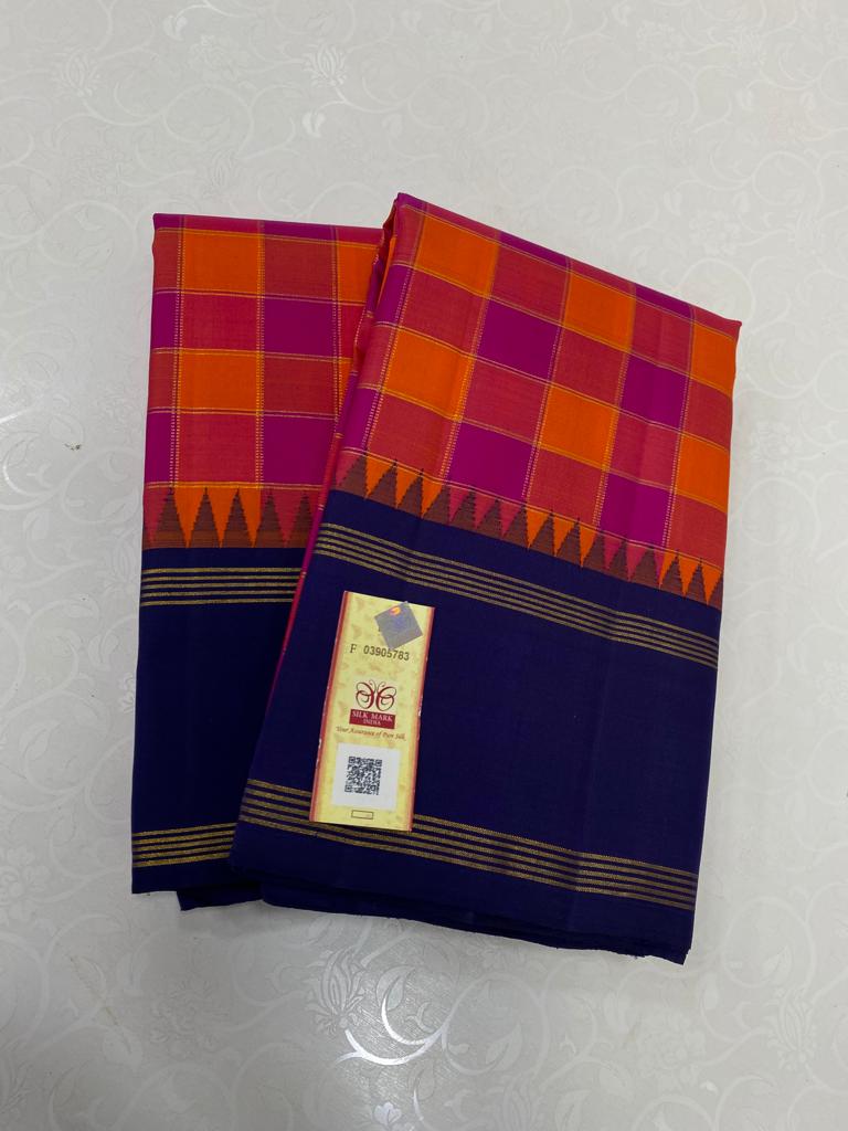 Orange Pink Checked Pattern Handloom Kanchipuram Silk Saree