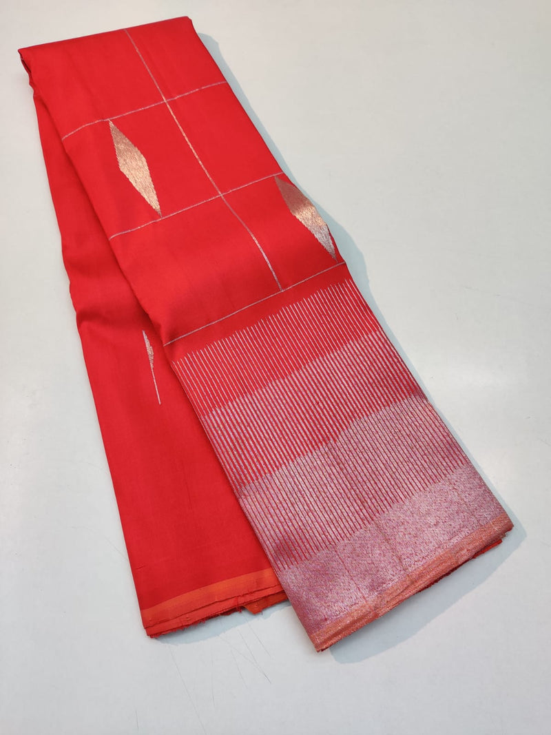 Reddish Orange Seepu Rekku Border Kanchipuram Handloom Silk Saree