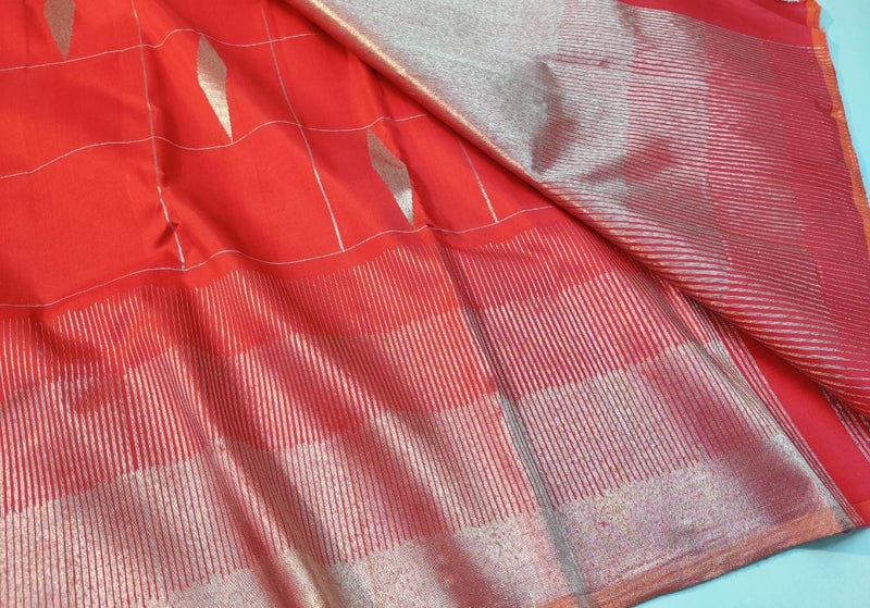 Reddish Orange Seepu Rekku Border Kanchipuram Handloom Silk Saree