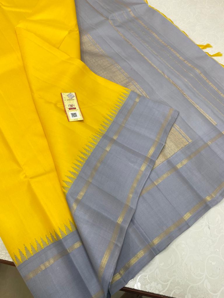 Yellow Grey Traditional Temple Border Kanchipuram Silk Saree