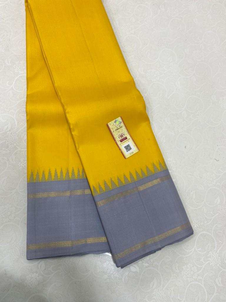 Yellow Grey Traditional Temple Border Kanchipuram Silk Saree