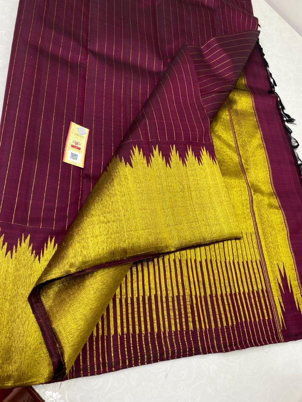 Maroon Kanchipuram Silk Saree with Golden Zari Temple Border