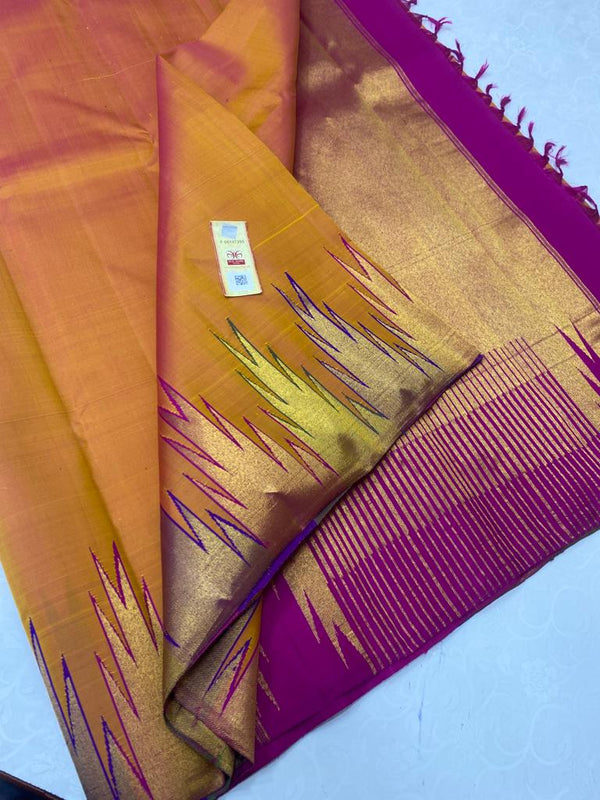 Mustard Pink Dual Shade Korvai Temple Border Pure Kanchipuram Silk Saree