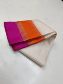 Half White Kanchipuram Silk Saree With Double Colour Contrast Border