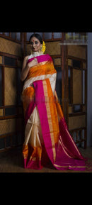 Half White Kanchipuram Silk Saree With Double Colour Contrast Border