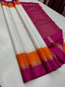 Half White Kanchipuram Silk Saree With Double Colour Contrast Border