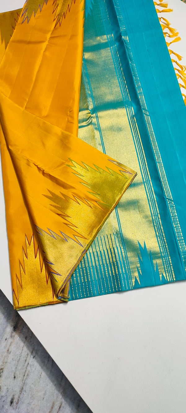 Mustard Yellow Korvai Temple Border Pure Kanchipuram Silk Saree