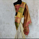 Half White Traditional Korvai Multicolor Temple Border Handloom Kanchipuram Silk Saree