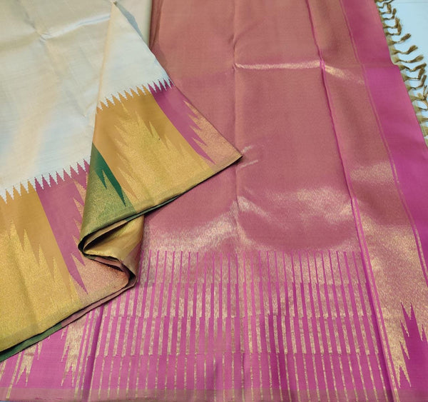 Half White Traditional Korvai Multicolor Temple Border Handloom Kanchipuram Silk Saree