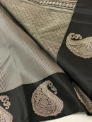Classic Black Mini Checked Kanchipuram Silk Saree With Silver Zari Border Butta