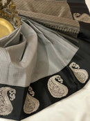 Classic Black Mini Checked Kanchipuram Silk Saree With Silver Zari Border Butta