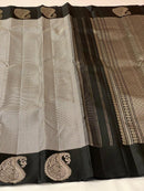 Classic Black Mini Checked Kanchipuram Silk Saree With Silver Zari Border Butta