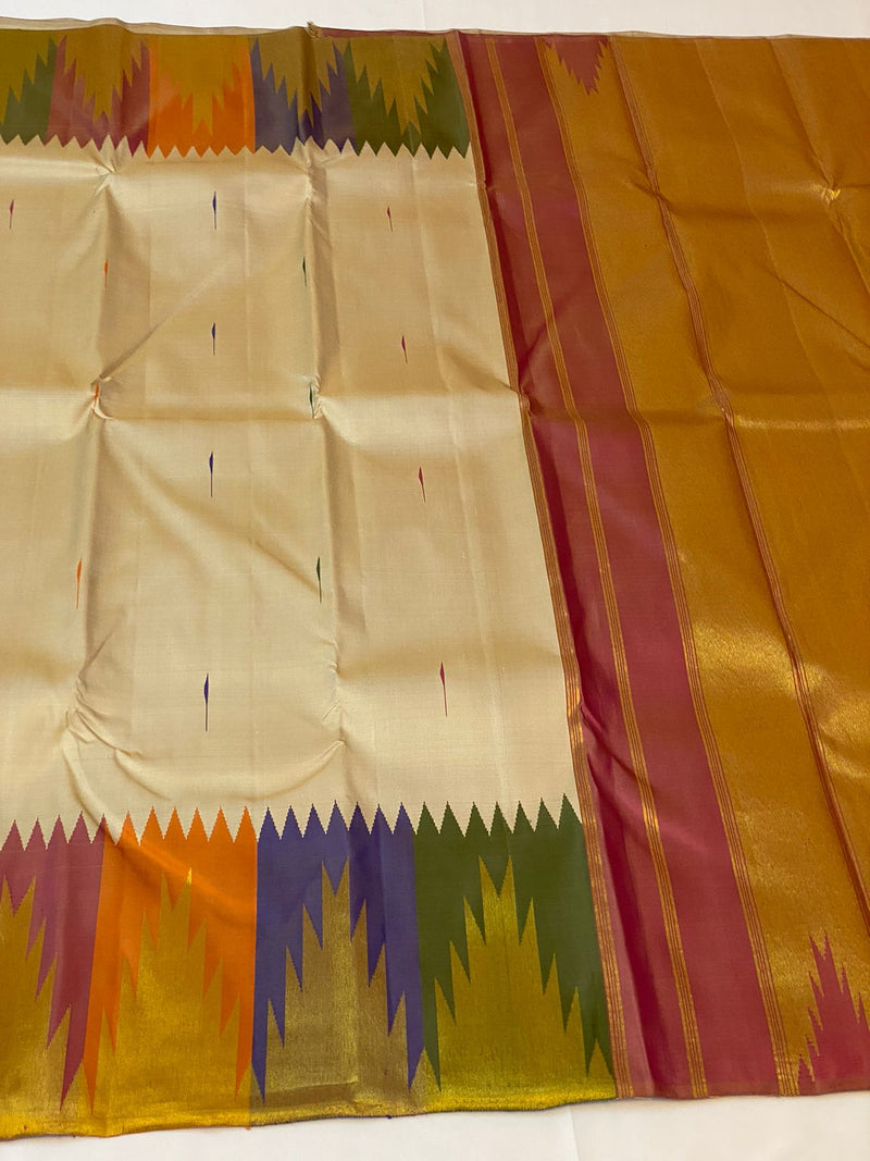 Half White Traditional 8 Kol Seepu Korvai Multicolor Temple Border Handloom Kanchipuram Silk Saree