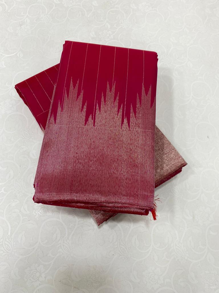 Pink Kanchipuram Silk Saree with Silver Zari Temple Border