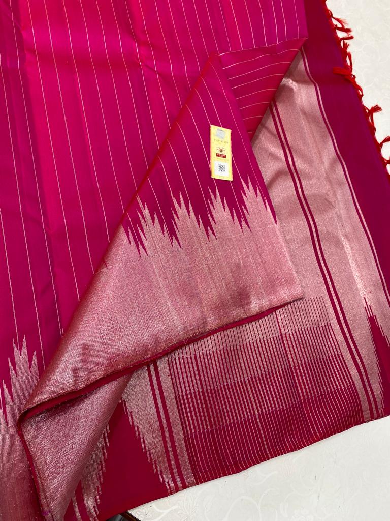 Pink Kanchipuram Silk Saree with Silver Zari Temple Border