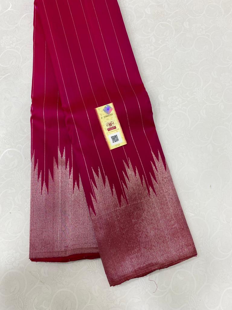 Pink Kanchipuram Silk Saree with Silver Zari Temple Border