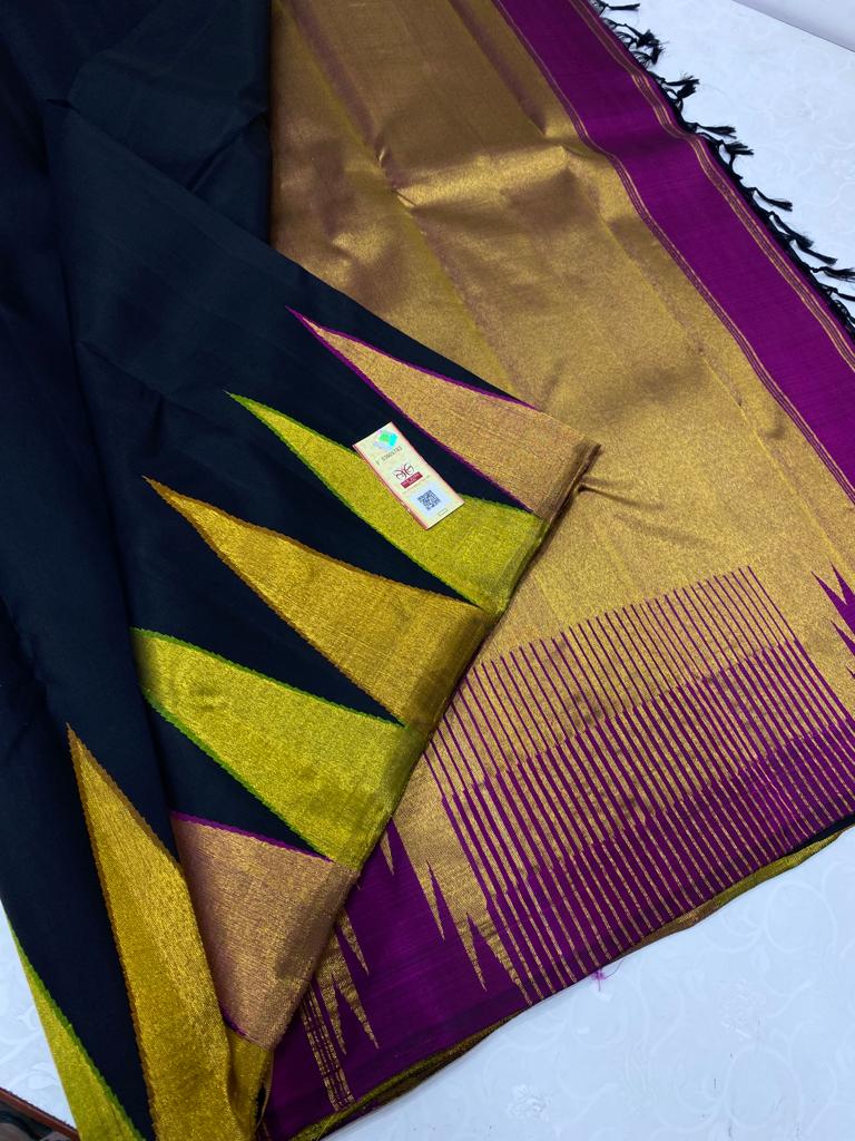 Black Majentha Korvai Temple Border Handloom Kanchipuram Silk Saree