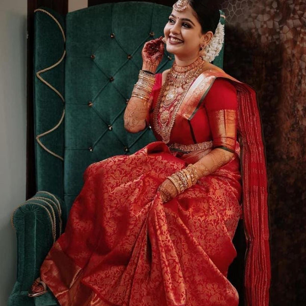 Deep Rose Red Designer Kanjivaram Silk Saree – Tap & Water