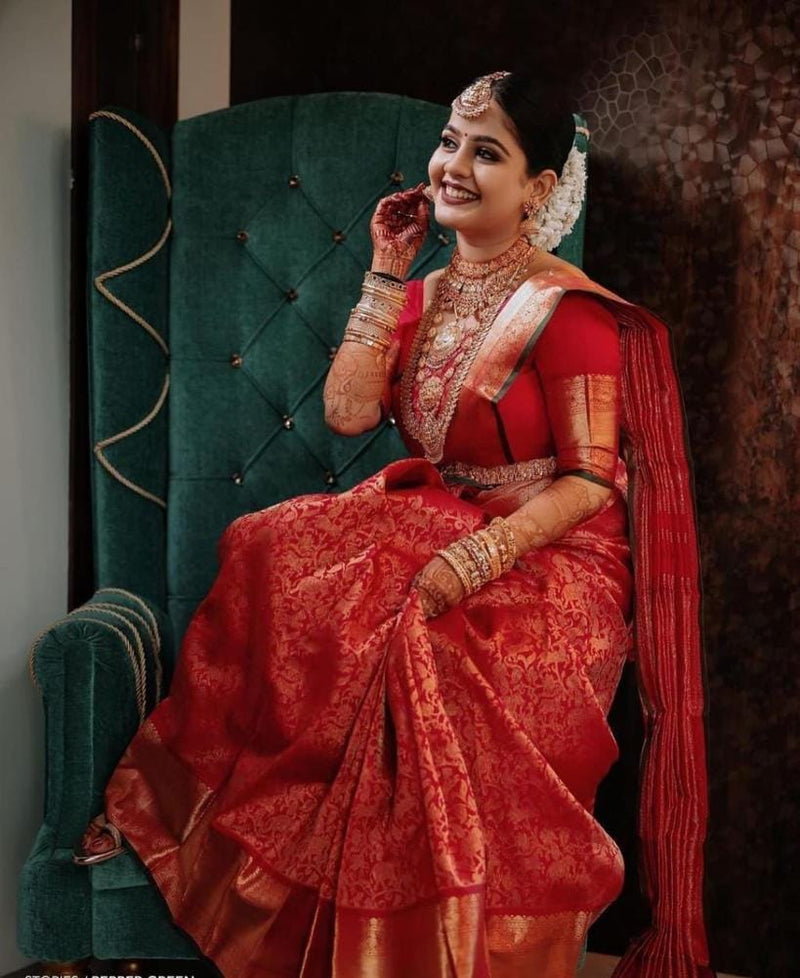 Dark Red Jacquard Work Kanchipuram Silk Saree – Maharani