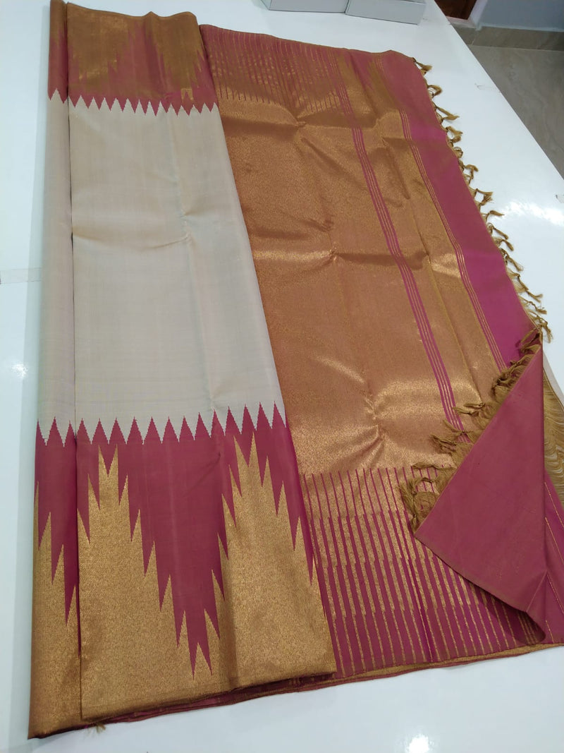 Half White Korvai Contrast Temple Border Kanchipuram Silk Saree