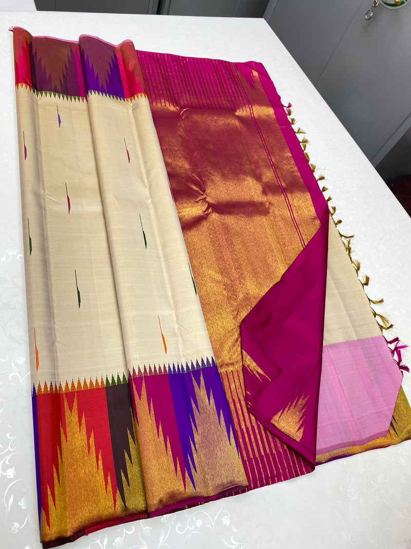 Half White Traditional Korvai Multicolor Temple Border Handloom Kanchipuram Silk Saree