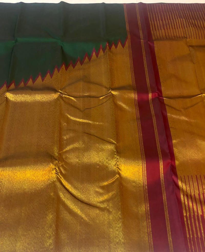 Green Maroon Korvai Raising Temple Border Kanchipuram Silk Saree