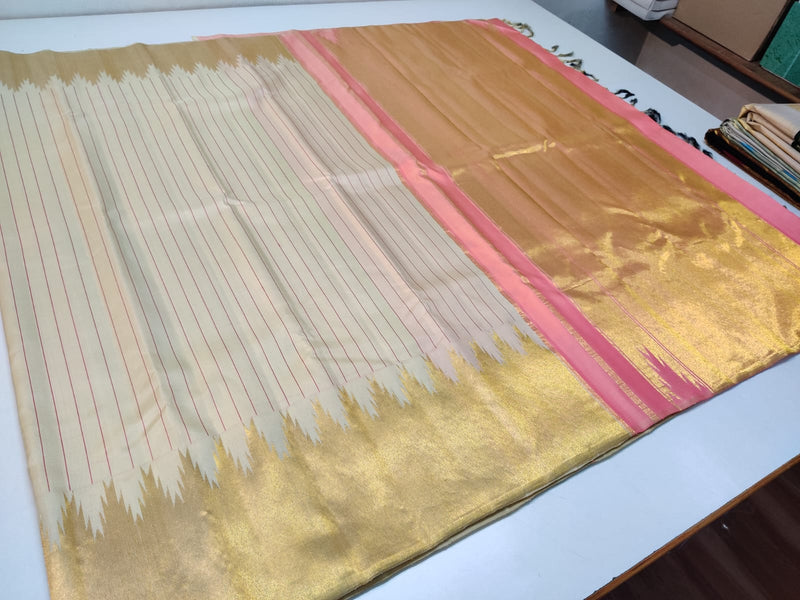 Half White Kanchipuram Silk Saree with Golden Zari Temple Border