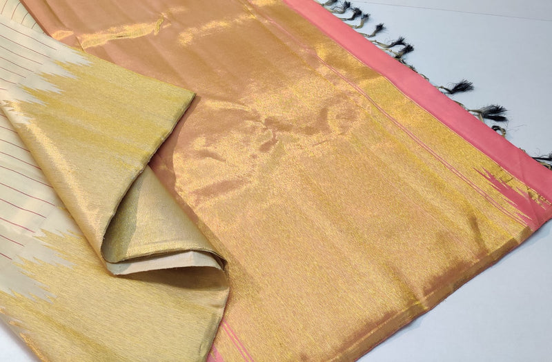 Half White Kanchipuram Silk Saree with Golden Zari Temple Border