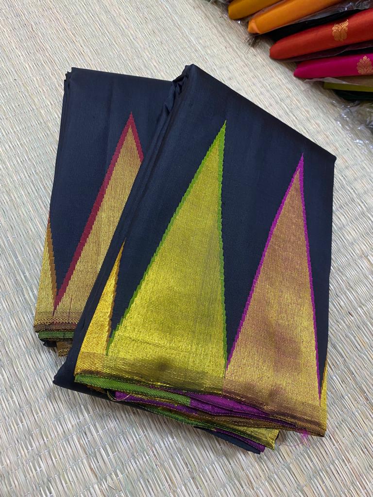 Black Majentha Korvai Temple Border Handloom Kanchipuram Silk Saree