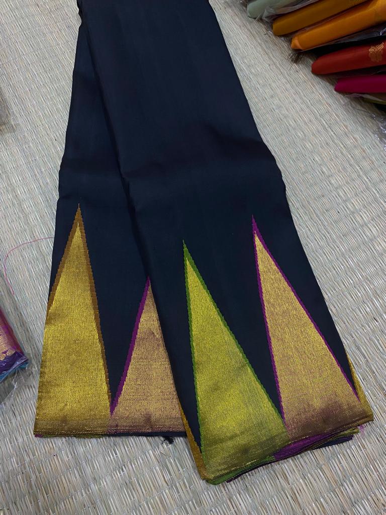 Black Majentha Korvai Temple Border Handloom Kanchipuram Silk Saree