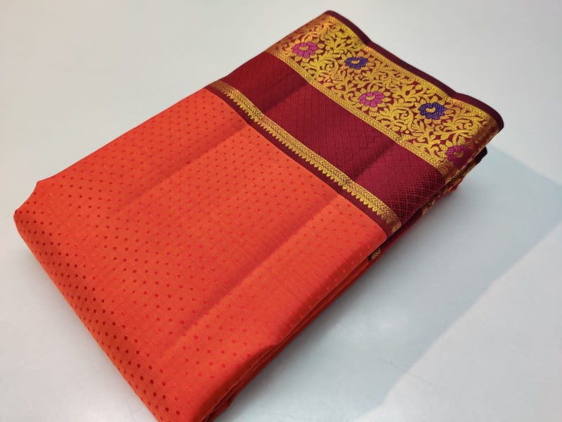 Orange Embossed Bridal Kanchipuram Silk Saree with Contrast Blouse