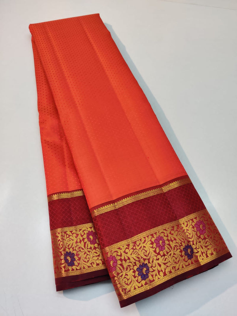 Orange Embossed Bridal Kanchipuram Silk Saree with Contrast Blouse