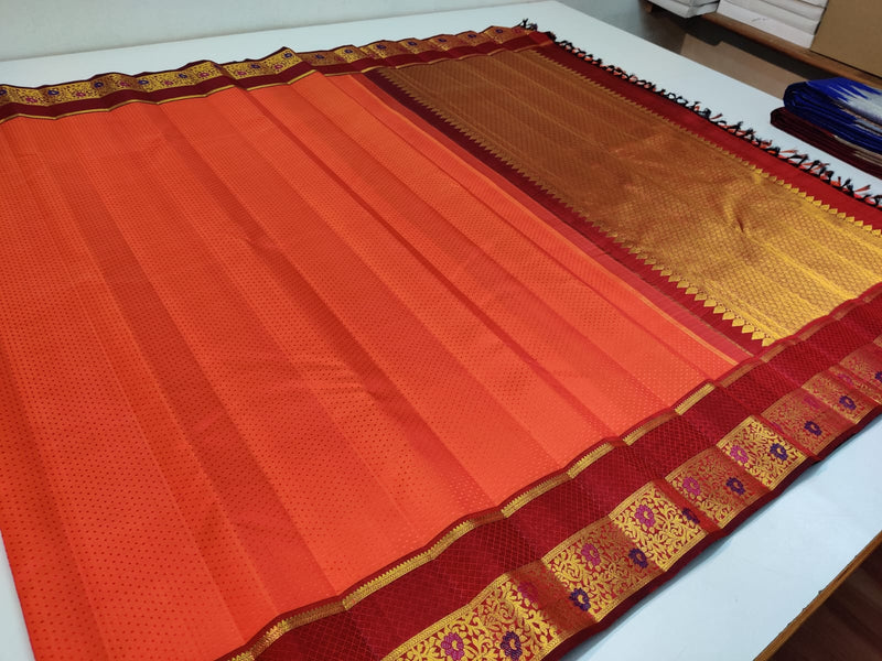 Orange Embossed Bridal Kanchipuram Silk Saree with Contrast Blouse