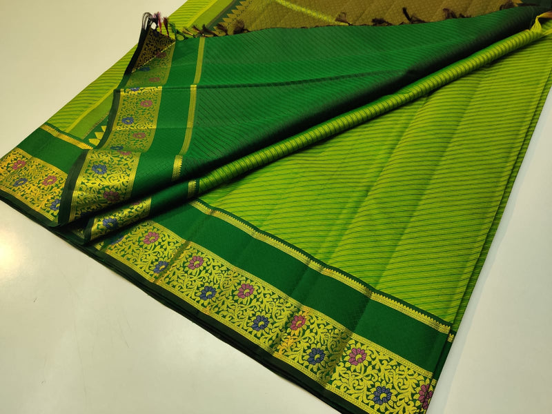 Parrot Green Embossed Bridal Kanchipuram Silk Saree with Contrast Blouse