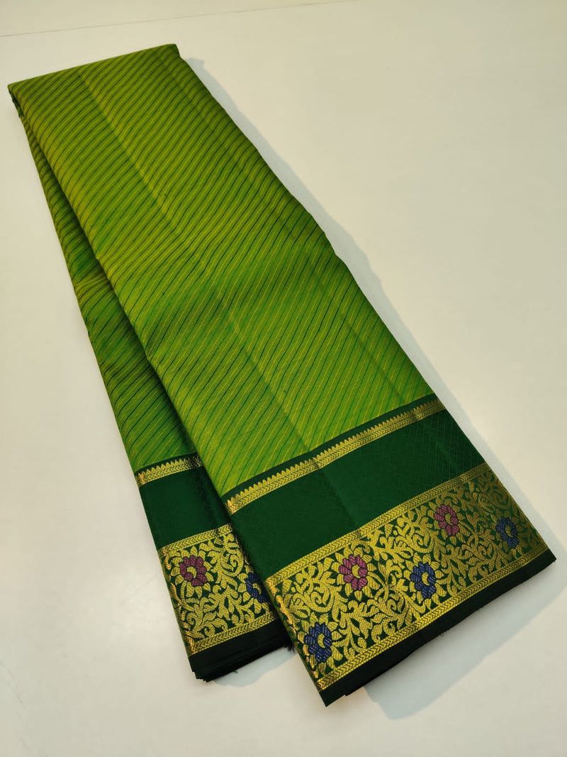 Parrot Green Embossed Bridal Kanchipuram Silk Saree with Contrast Blouse