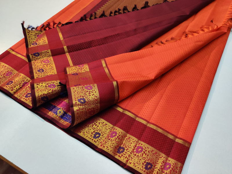 Orange Embossed Bridal Kanchipuram Silk Saree with Contrast Blouse