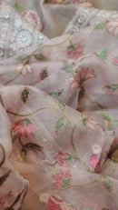 Pink Organza Embroidery Katha Chikankari Work Saree & Border with Velvet Lace