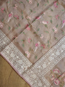 Pink Organza Embroidery Katha Chikankari Work Saree & Border with Velvet Lace