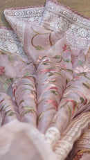 Pink Organza Embroidery Katha Chikankari Work Saree & Border with Velvet Lace