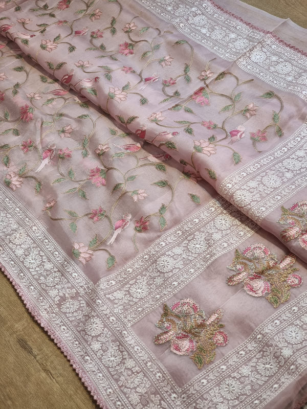 Pink Organza Embroidery Katha Chikankari Work Saree & Border with Velvet Lace