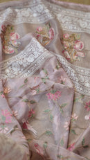 Pink Organza Embroidery Katha Chikankari Work Saree & Border with Velvet Lace