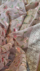 Pink Organza Embroidery Katha Chikankari Work Saree & Border with Velvet Lace